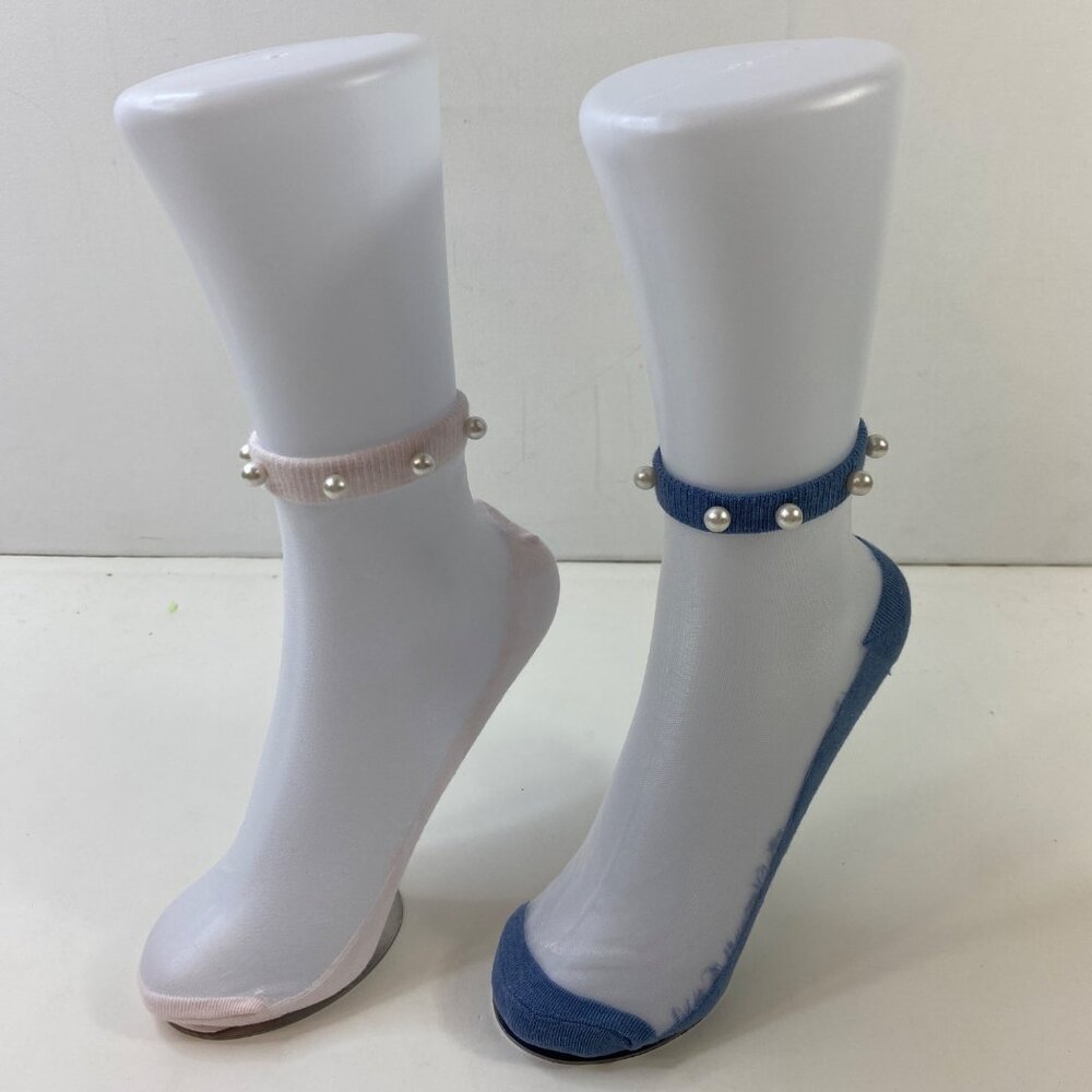 Set 2 Womens Pearl Embellished Sheer Mesh Ankle Socks Pink Blue